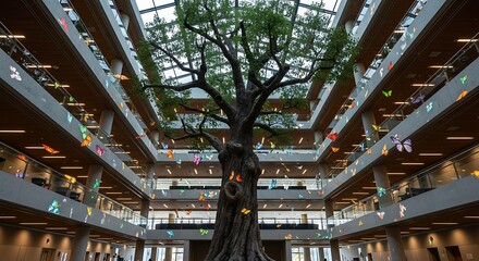 A large atrium space, highlighted by a central tree and numerous butterflies projected onto the walls, showcases an airy and vibrant interior design.