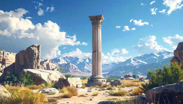 A solitary stone column stands tall amidst a desert landscape, rocky cliffs in the background under a blue sky. Distant mountains - Powered by Adobe