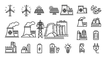 Collection of clean line art icons depicting various energy sources and power generation facilities
