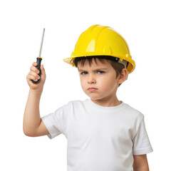 Illustration of angry boy in yellow hard hat holding screwdriver up isolated on transparent background