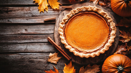 Homemade pumpkin pie on rustic wooden table with autumn leaves, cinnamon sticks and pumpkins, cozy warm light from above, traditional Thanksgiving dessert in USA, top view, copy space