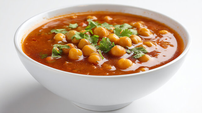 Bowl of chana masala isolated on white background, a chickpea curry dish