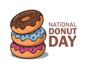 National donut day social media post and advertisement card with assorted delicious donuts on light background. Vector illustration banner