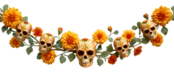 Vibrant sugar skulls adorned with blooming marigolds create a festive and artistic Day of the Dead celebration border