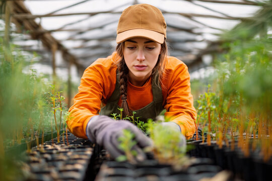 A woman in an orange shirt is tending to plants in a greenhouse - Powered by Adobe