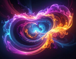 Swirling, luminous, abstract digital art with vibrant hues and dark space