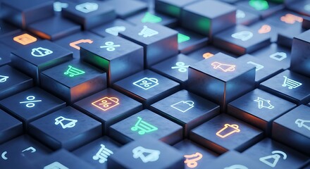 Digital cubes with ecommerce icons glowing in the dark