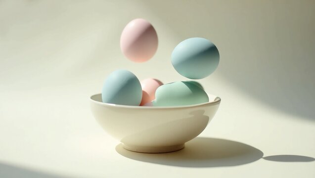 Pastel Easter eggs falling into a bowl create a modern, minimalist spring holiday design for cheerful celebrations, perfect for seasonal projects - Powered by Adobe