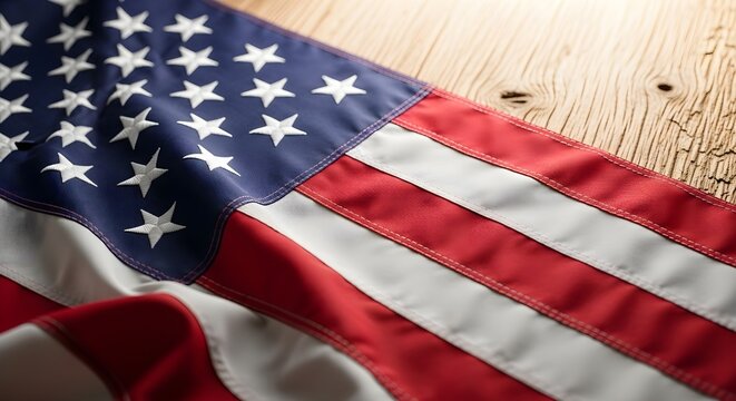 Vintage US American Flag Crumpled on a Worn Wooden Background