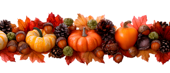 Vibrant autumn harvest arrangement featuring pumpkins, acorns, pinecones, and colorful fall leaves, perfect for seasonal celebrations and decorations.