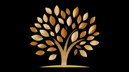 Stylized golden tree with shimmering leaves on a dark background, representing growth, nature, luxury, and elegance. Abstract graphic illustration.