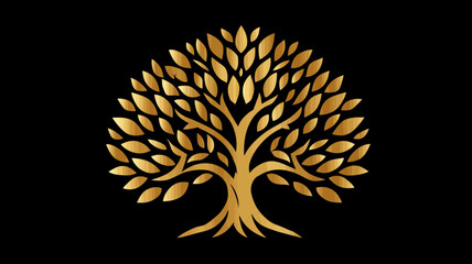 Elegant golden tree symbol on black background, stylized with luxurious leaves. A timeless icon representing growth, nature, prosperity, and life.