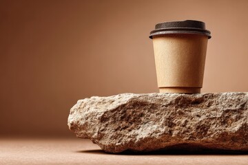 Kraft paper coffee cup on a natural rock, representing eco friendly takeout packaging and sustainable beverage choices