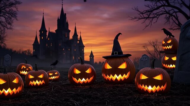 Spooky Halloween scene glowing carved pumpkins dot a field before a silhouetted castle at sunset!!!