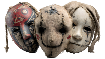 Three eerie, weathered masks with distinct cultural and horror-inspired designs create a captivating visual for storytelling and design projects