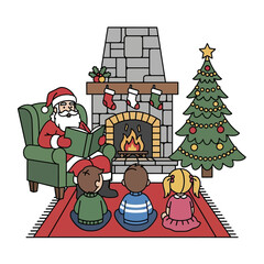 Santa Claus Reading to Children by the Fireplace on Christmas.