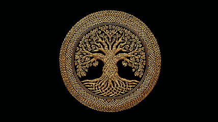 Golden Tree of Life symbol with intricate Celtic knot design on black background. Ancient spiritual emblem of growth and wisdom.