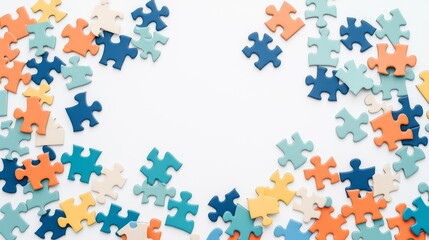 Naklejka premium A colorful arrangement of jigsaw puzzle pieces scattered on a white backdrop, inviting creativity and play.
