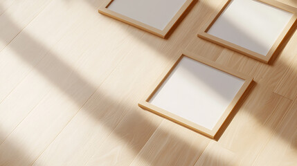 Three wooden square frames lying on a wooden floor, bathed in gentle sunlight creating soft shadows. Minimalist aesthetic, perfect for showcasing art or memories.