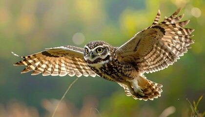 Obraz premium A stunning close-up showcases a brown owl with striking yellow eyes, wings spread in flight against a blurred green backdrop