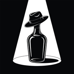 Stylish Fedora Hat on Bottle Black and White Vector Illustration.