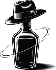 Stylish Fedora Hat on Bottle Black and White Vector Illustration.