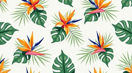 Vibrant tropical floral pattern with exotic bird of paradise flowers and lush green monstera leaves, perfect for summer fashion and decor.
