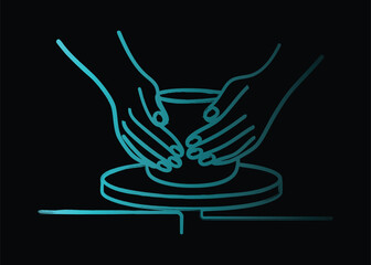 Hands shaping clay on pottery wheel abstract neon glow artistic creation vector