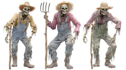 Spooky skeletal farmers in tattered overalls and straw hats pose menacingly with farm tools, perfect for Halloween and horror themes