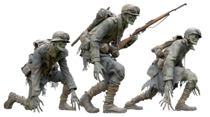 Terrifying undead soldiers advance ominously, skeletal figures in tattered uniforms armed with rifles, perfect for horror themes and dark storytelling.