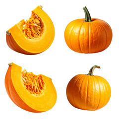 A collection of whole orange pumpkins and cut slices with seeds, isolated on a clean white background.