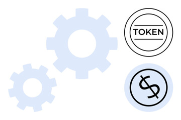 Three blue gears and two digital tokens featuring text and a dollar symbol highlight blockchain efficiency, cryptocurrency, fintech, collaboration, decentralized systems, innovation, simple flat