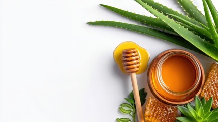 Aloe vera plants, raw honey and honeycomb, preparing organic natural skincare products and herbal medicine