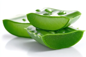 Fresh aloe vera slices with water drops, symbolizing natural beauty, healthy skincare, organic herbal medicine