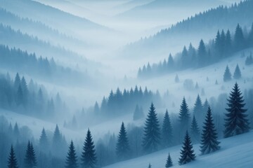 Fototapeta premium Misty forest with snowy hills.
