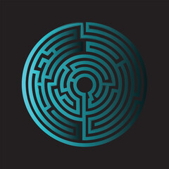 Circular labyrinth maze path abstract design with glowing cyan and teal hues vector