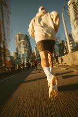 Man running through urban city street during marathon race, blur depicting motion, speed, and endurance