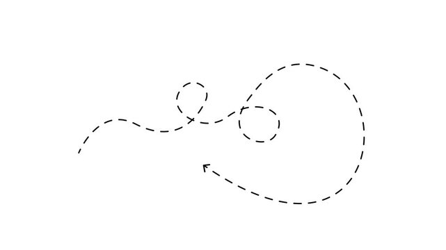 Black dashed arrow curving in a spiral on a white background line curve