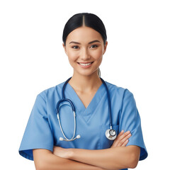 Illustration of smiling asian nurse with stethoscope isolated on transparent background