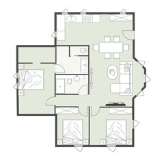 Modern 2D Floor Plan of Two Bedroom Apartment Layout