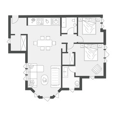 Modern 2D Floor Plan of Two Bedroom Apartment Layout