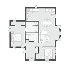 Modern 2D Floor Plan of Two Bedroom Apartment Layout