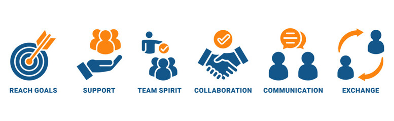 Working together icon set vector concept with icon of collaboration, reach goals, team spirit, support, communication, exchange 