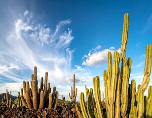 Tall cacti against a vibrant blue sky with wispy clouds