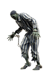 Creepy zombie prisoner with handcuffs and tattered clothes, perfect for horror movie posters, Halloween promotions, and spooky marketing campaigns