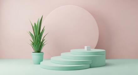 Minimal Pastel Podium with Plant for Product Display on Pink Background