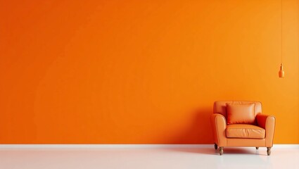 Modern orange room with minimalist armchair and pendant lamp perfect for creative interior designs and vibrant home decor projects