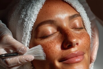 Woman receiving facial treatment from beautician, applying skincare product with brush on her face in a beauty salon