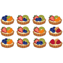 Set of 12 Hand-Drawn Fruit Tarts: Vector Illustration Bundle Featuring Mini Pastries Topped with Strawberries, Blueberries, Kiwi Slices, Orange Slices, and Raspberries on White Background