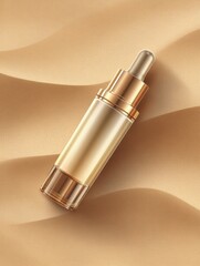 Golden dropper serum bottle on sandy texture with elegant waves, beauty skincare cosmetic product concept